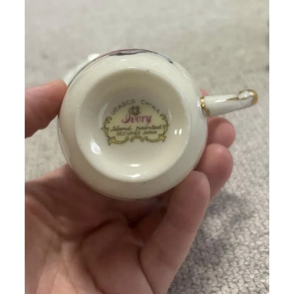 Vintage UCAGCO Ivory Occupied Japan Demitasse Cup Saucer Hand Painted Gold Trim